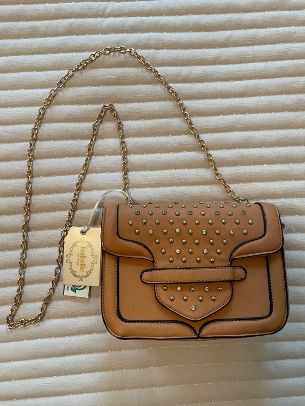 Tan Studded Crossbody Shoulder Bag with Gold Chain
